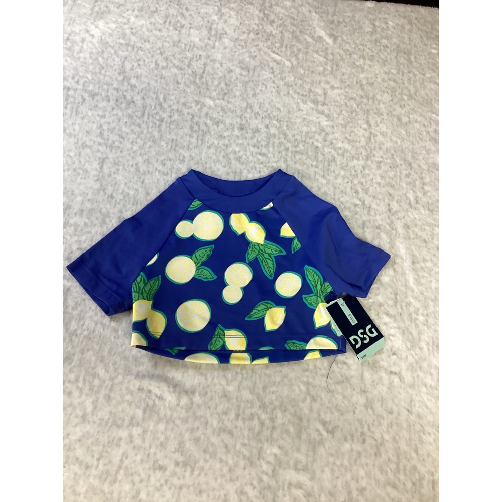 DSG‎ Girls Crop Rash Guard Blue Lemons Short Sleeve Swim Top UPF 50 Size S NWT